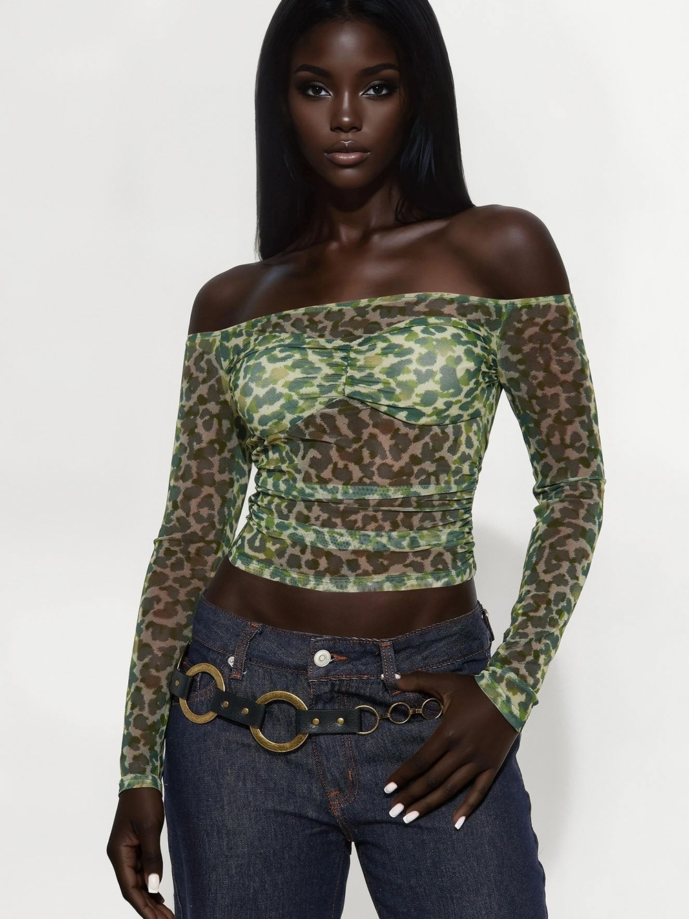 Fashion Nova Off-Shoulder Green Camo Mesh Top - Picture 1 of 8